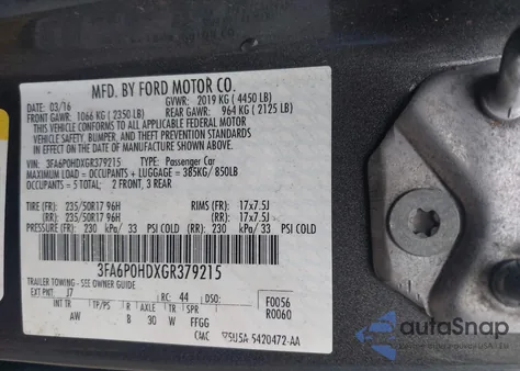 2016 Ford Fusion Se from USA, damaged, VIN 3FA6P0HDXGR379215